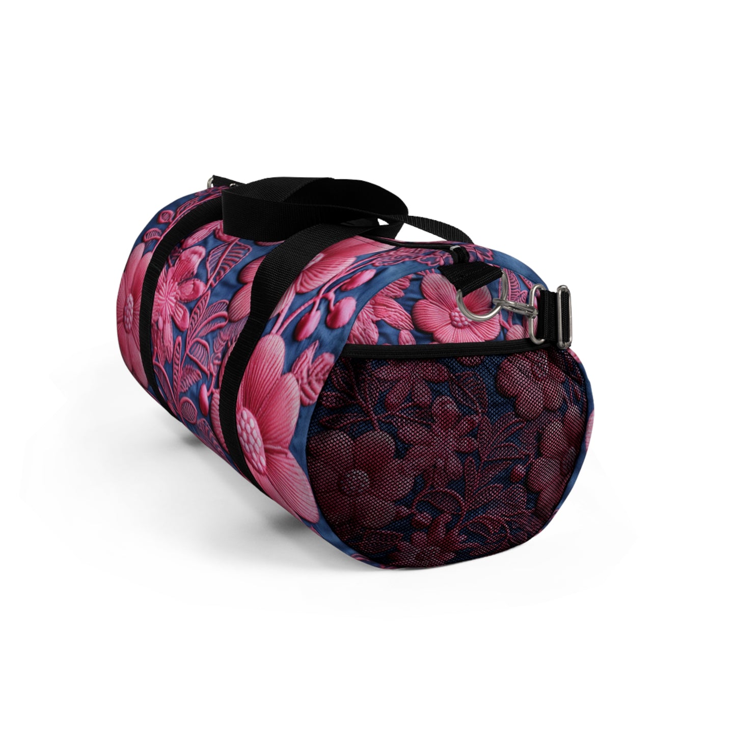 Denim Blue Doll Pink Floral Embroidery Style Fabric Flowers - Duffel Bag