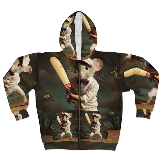 Mouse Cricket Batting, Wicket, Ball Hitting Stump, Howzat Moment - Unisex Zip Hoodie (AOP)