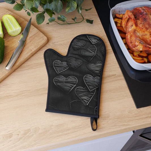 Black: Distressed Denim-Inspired Fabric Heart Embroidery Design - Oven Glove
