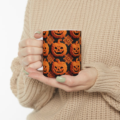 Patrón festivo festivo de terror aterrador de calabaza de ganchillo de Halloween - Taza de cerámica de 11 oz