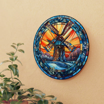 Windmill Stained Glass, Green Energy, Climate Art, Acrylic Wall Clock