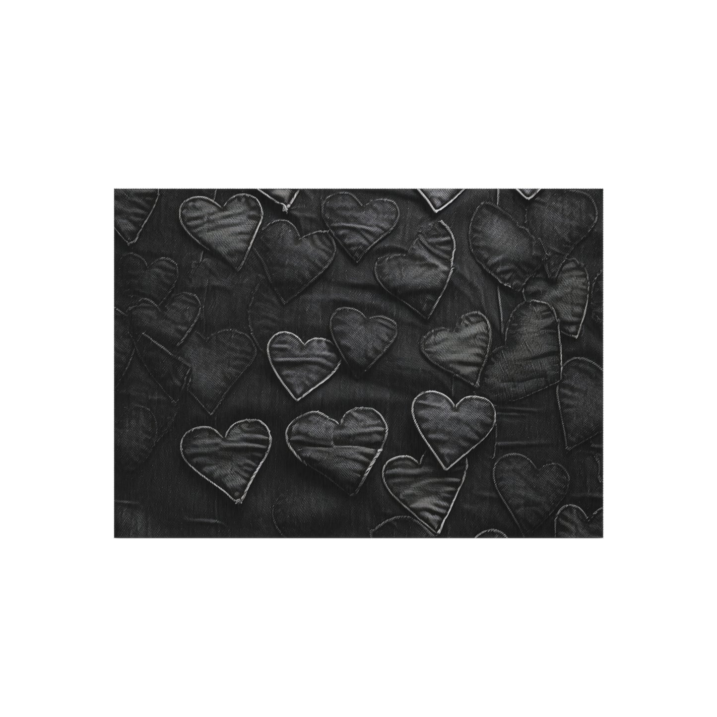 Black: Distressed Denim-Inspired Fabric Heart Embroidery Design - Outdoor Rug