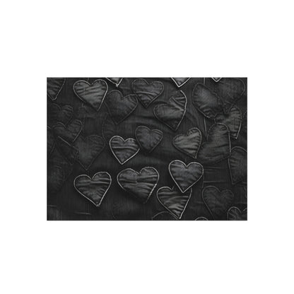 Black: Distressed Denim-Inspired Fabric Heart Embroidery Design - Outdoor Rug