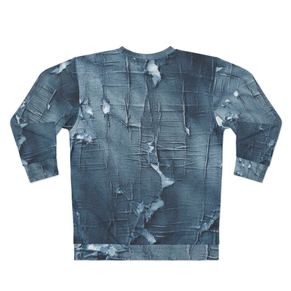 Distressed Blue Denim-Look: Edgy, Torn Fabric Design - Unisex Sweatshirt (AOP)