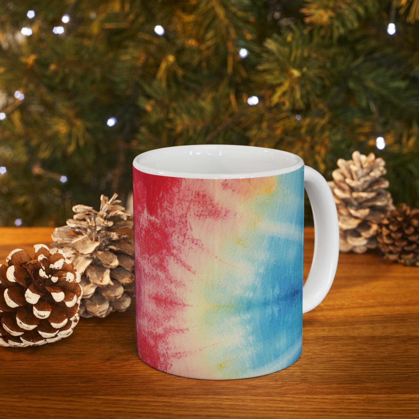 Rainbow Tie-Dye Denim: Espectáculo de diseño de tela multicolor vibrante - Taza de cerámica de 11 oz 