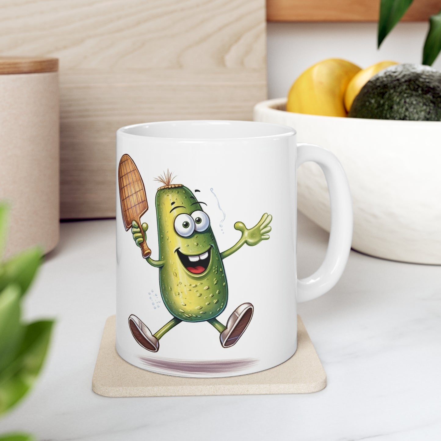 Pickle Player Action: Cartoon Swinging Pickleball Paddle - Sporty Charm - Ceramic Mug 11oz