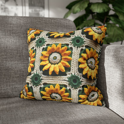 Sunflower Crochet Elegance, Granny Square Design, Radiant Floral Motif. Bring the Warmth of Sunflowers to Your Space - Spun Polyester Square Pillow Case