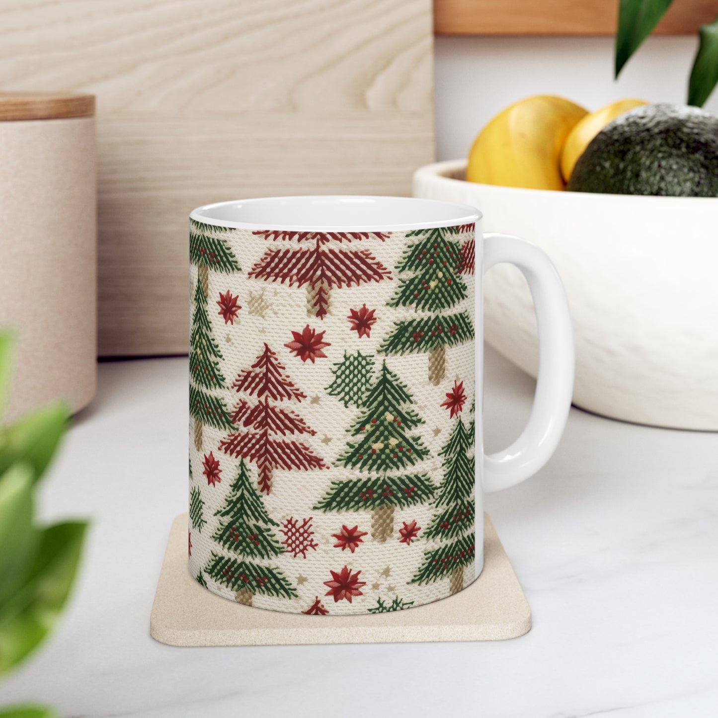 Invierno navideño bordado, costuras festivas, diseño clásico de temporada - Taza de cerámica de 11 oz 