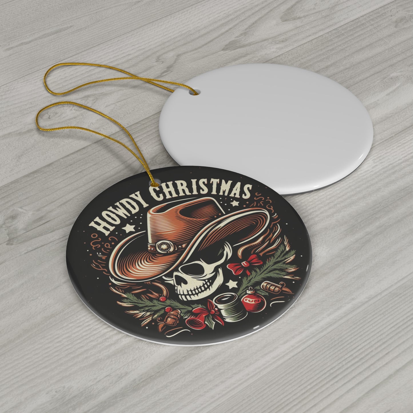 Spooky Western Holiday - Howdy Christmas with Cowboy Skull, Festive Hat & Seasonal Decor - Ceramic Ornament, 4 Shapes