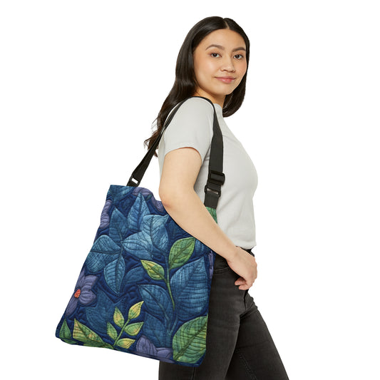 Floral Embroidery Blue: Denim-Inspired, Artisan-Crafted Flower Design - Adjustable Tote Bag (AOP)