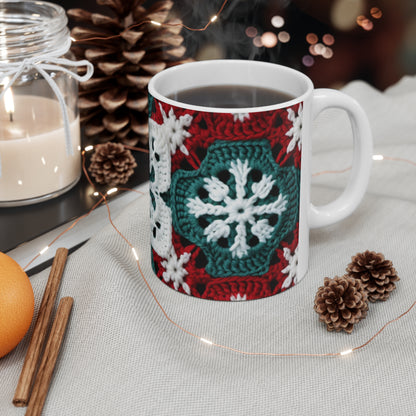 Christmas Snowflake Crochet, Festive Yuletide, Winter Wonderland Craft, Ice Crystal, Holiday Decor, Seasonal Adornments - Ceramic Mug 11oz