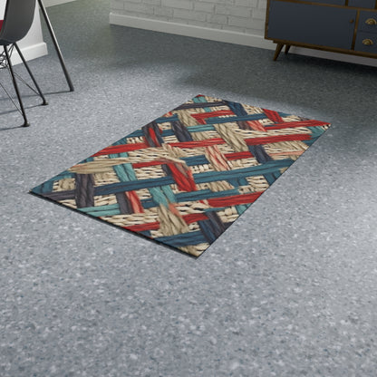 Colorful Yarn Knot: Denim-Inspired Fabric in Red, White, Light Blue - Dobby Rug