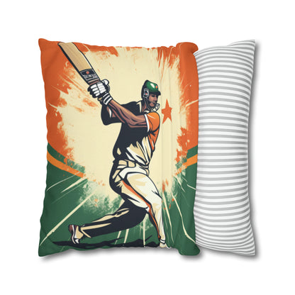 India Cricket Star: Batsman With Willow Bat, National Flag Style - Sport Game - Spun Polyester Square Pillow Case