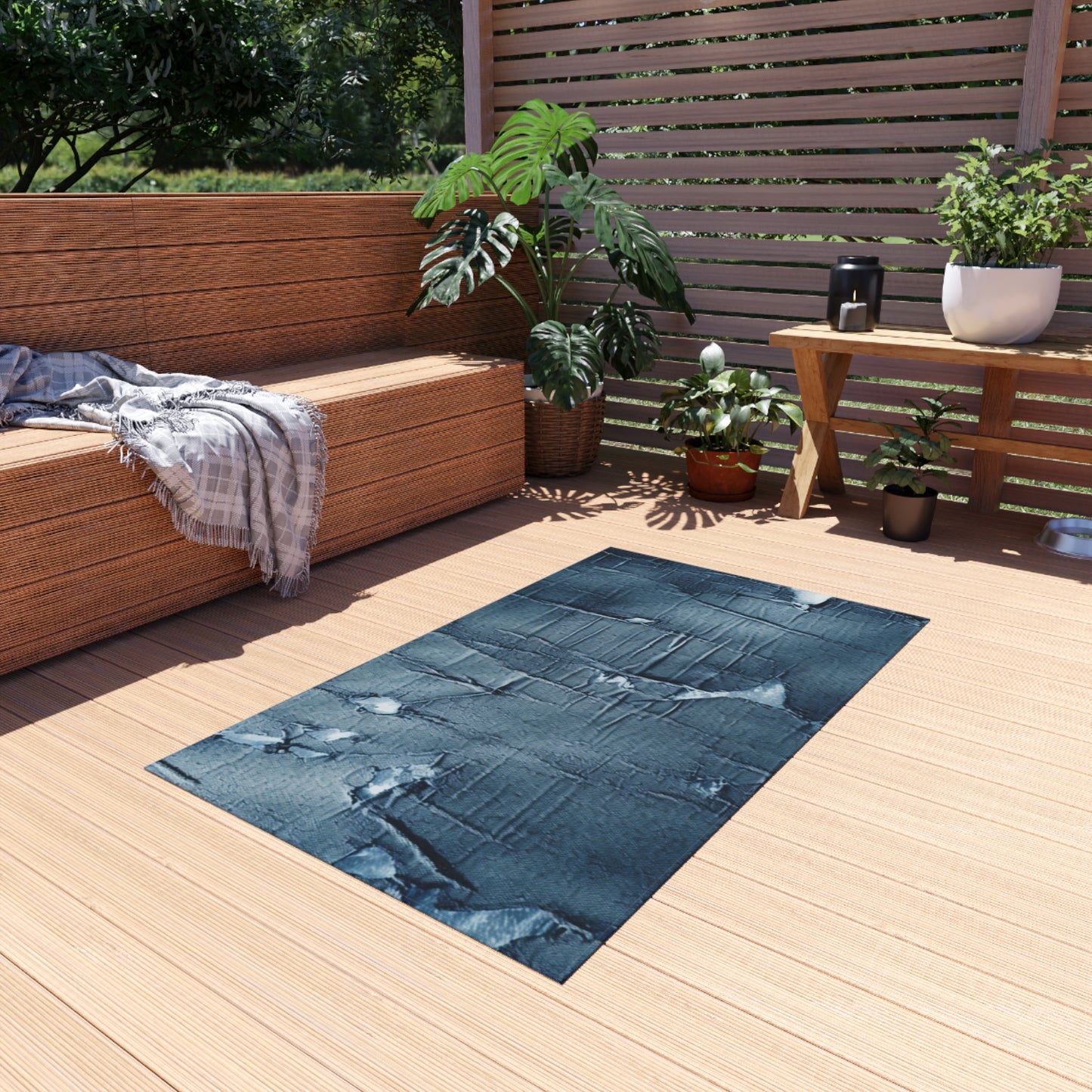 Distressed Blue Denim-Look: Edgy, Torn Fabric Design - Outdoor Rug