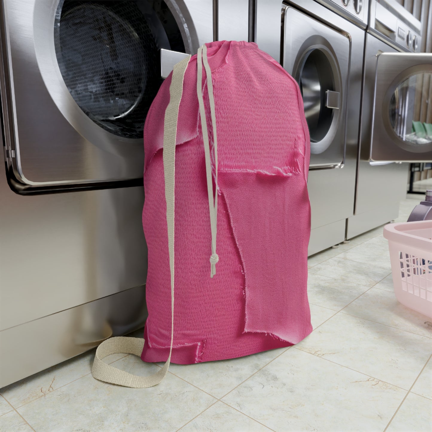 Distressed Neon Pink: Edgy, Ripped Denim-Inspired Doll Fabric - Laundry Bag