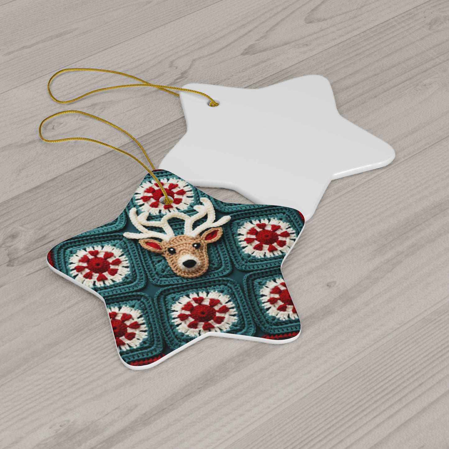 Christmas Reindeer Crochet, Wintry Wonderland Design, Festive Stag Motif. Embrace the Holiday Spirit - Ceramic Ornament, 4 Shapes