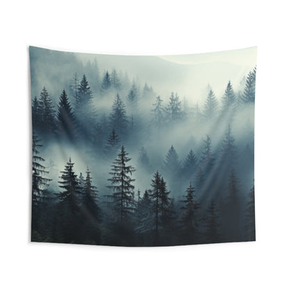 Foggy Forest Tapestry, Pine Tree Landscape Wall Hanging, Nature View Misty Mountain Home Decor for Living Room, Bedroom - Indoor Wall Tapestries