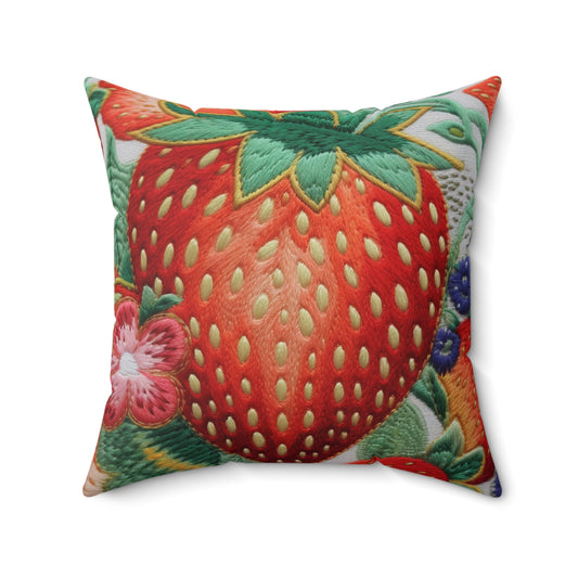 Berry Delight: Sun-Kissed Strawberries Fields Meet Embroidered Style Strawberry Patterns - Spun Polyester Square Pillow