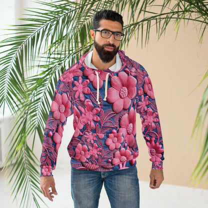 Denim Blue Doll Pink Floral Embroidery Style Fabric Flowers - Unisex Pullover Hoodie (AOP)