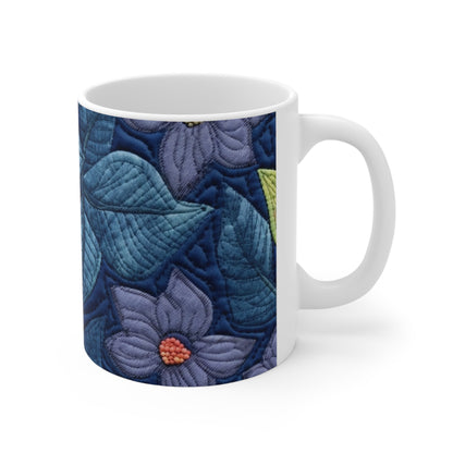 Floral Embroidery Blue: Denim-Inspired, Artisan-Crafted Flower Design - Ceramic Mug 11oz