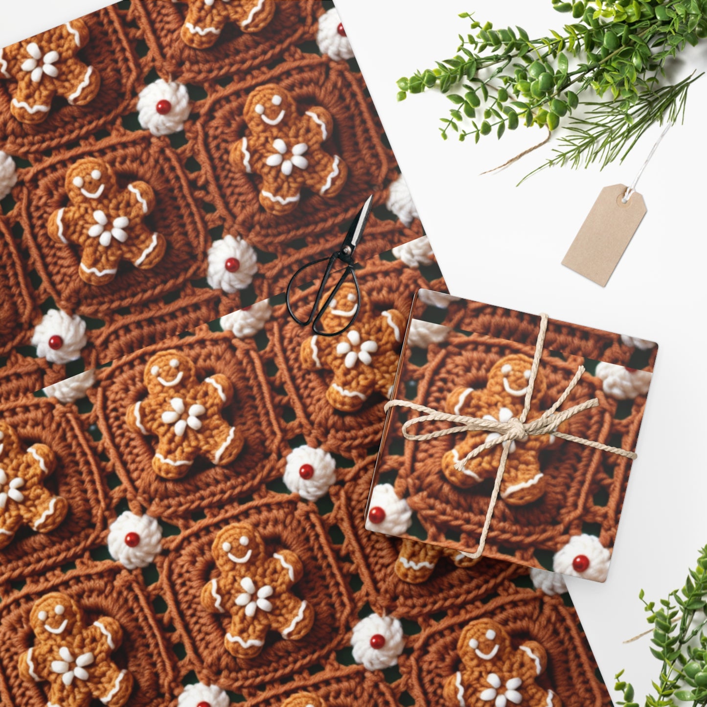 Gingerbread Man Crochet, Classic Christmas Cookie Design, Festive Yuletide Craft. Holiday Decor - Wrapping Paper