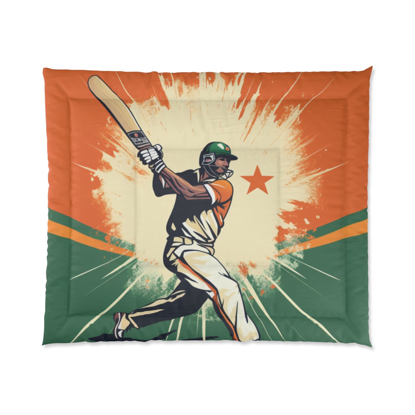 India Cricket Star: Batsman With Willow Bat, National Flag Style - Sport Game - Bed Comforter