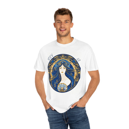 Virgo Zodiac Circular Symmetry in Gold Royal Blue - Unisex Garment-Dyed T-shirt