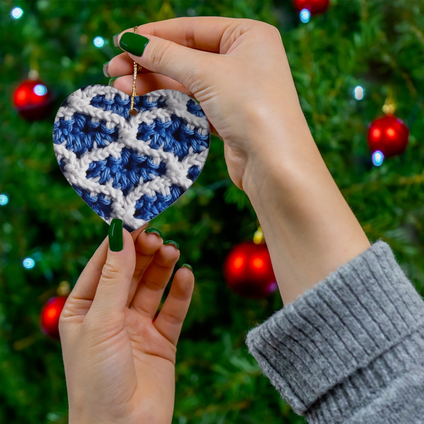 Blueberry Blue Crochet, White Accents, Classic Textured Pattern - Ceramic Ornament, 4 Shapes