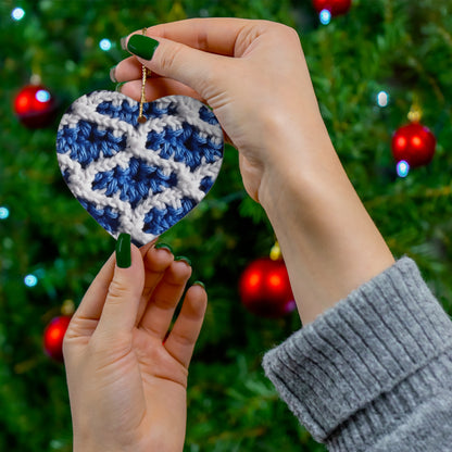 Blueberry Blue Crochet, White Accents, Classic Textured Pattern - Ceramic Ornament, 4 Shapes