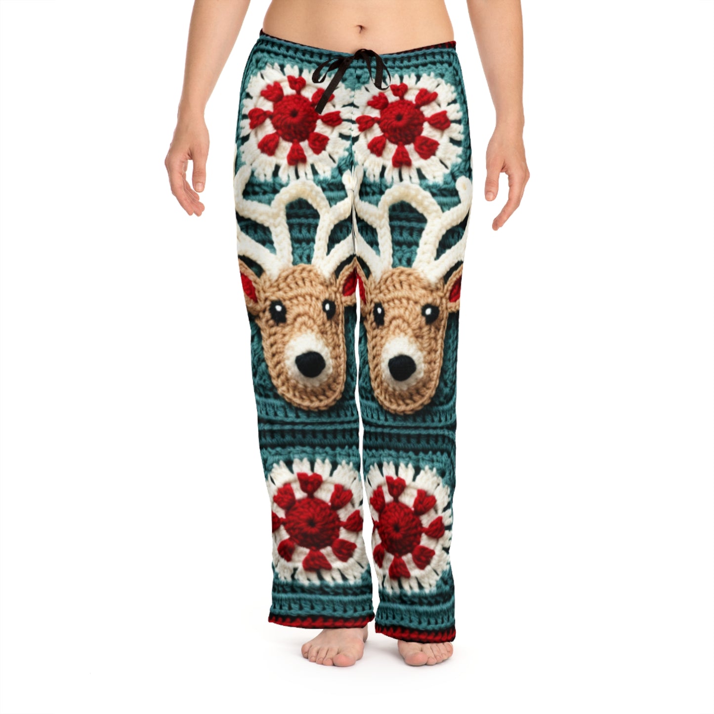 Christmas Reindeer Crochet, Wintry Wonderland Design, Festive Stag Motif. Embrace the Holiday Spirit - Women's Pajama Pants (AOP)