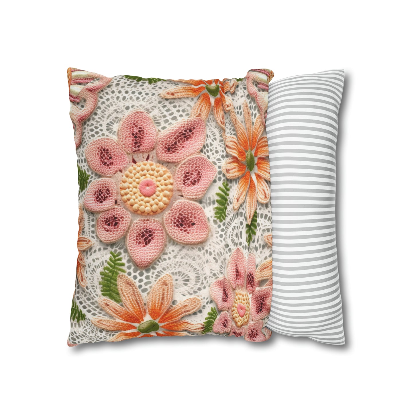 Floral Embroidered Eyelet: Delicate Flower Elegant Pattern - Spun Polyester Square Pillow Case