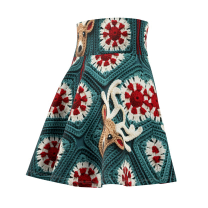 Christmas Reindeer Crochet, Wintry Wonderland Design, Festive Stag Motif. Embrace the Holiday Spirit - Women's Skater Skirt (AOP)