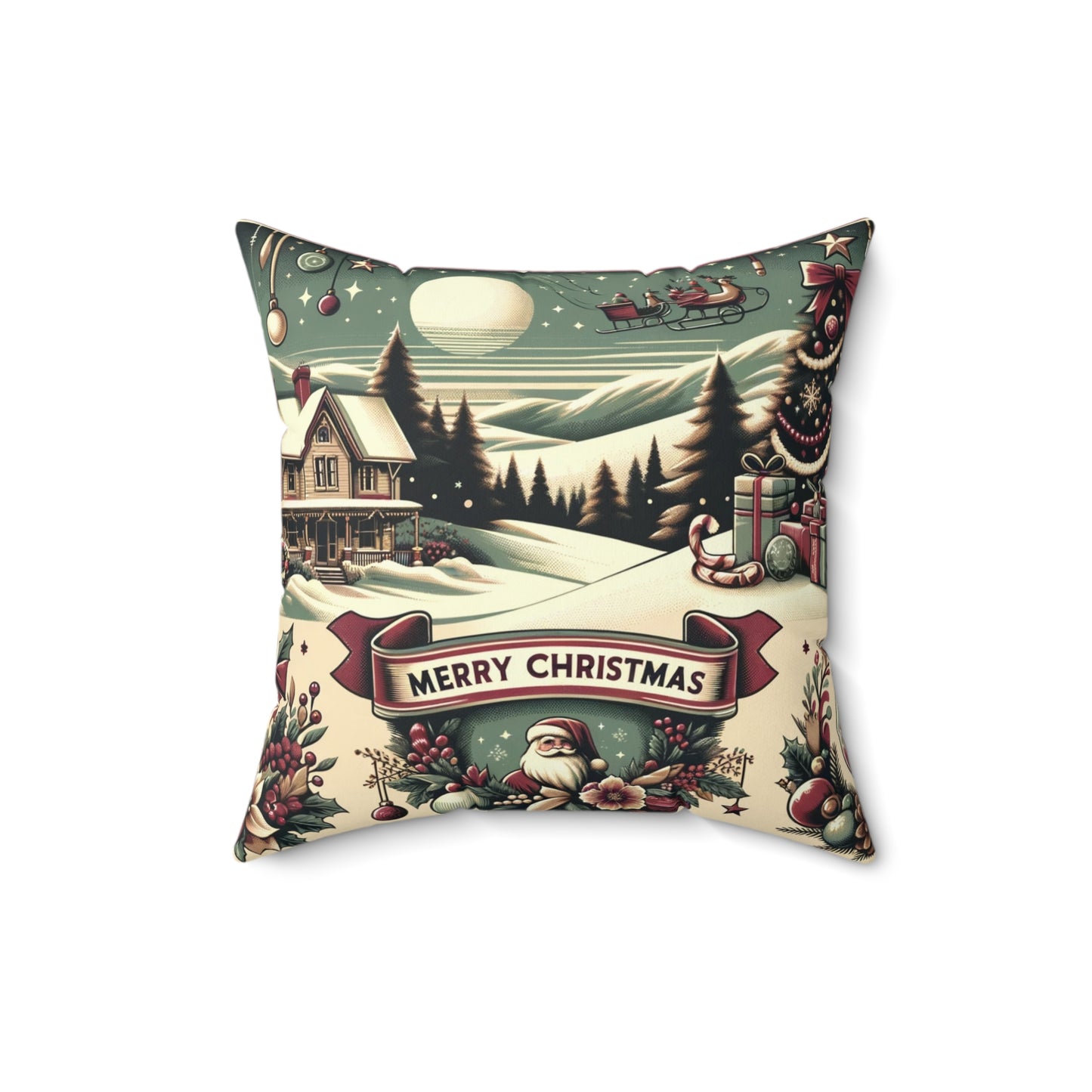 Holiday Charm: Classic Retro Christmas Scene with Santa - 1950s Nostalgic - Spun Polyester Square Pillow