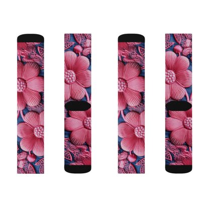 Denim Blue Doll Pink Floral Embroidery Style Fabric Flowers - Sublimation Socks