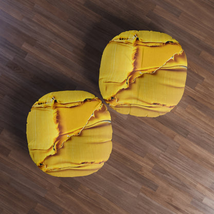 Banana Yellow Lemon: Bold Distressed, Denim-Inspired Fabric - Tufted Floor Pillow, Round