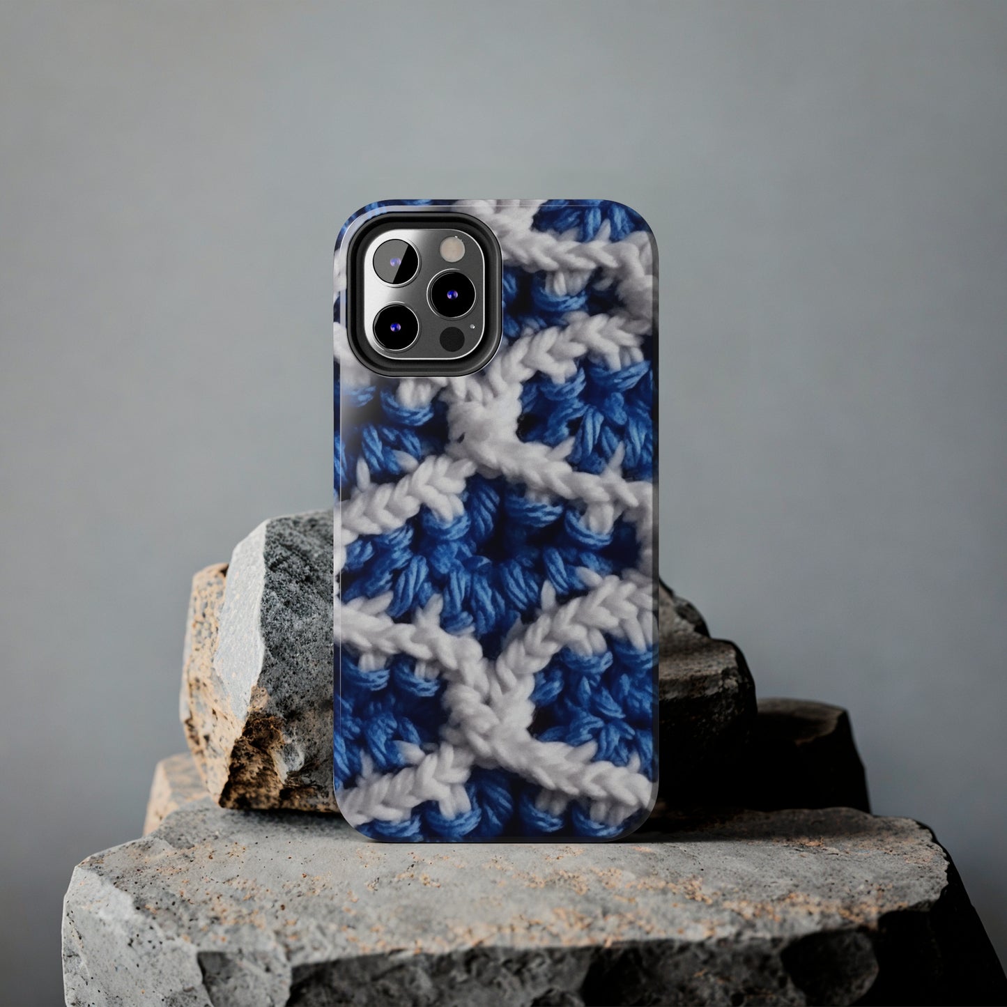 Blueberry Blue Crochet, White Accents, Classic Textured Pattern - Tough Phone Cases