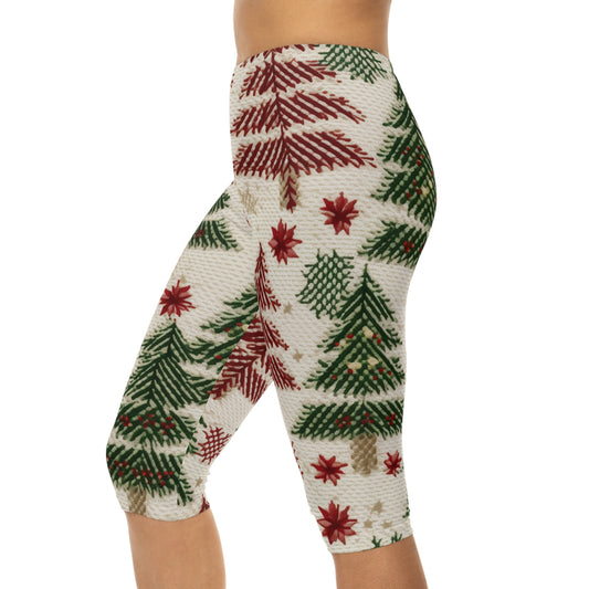 Embroidered Christmas Winter, Festive Holiday Stitching, Classic Seasonal Design - Women’s Capri Leggings (AOP)