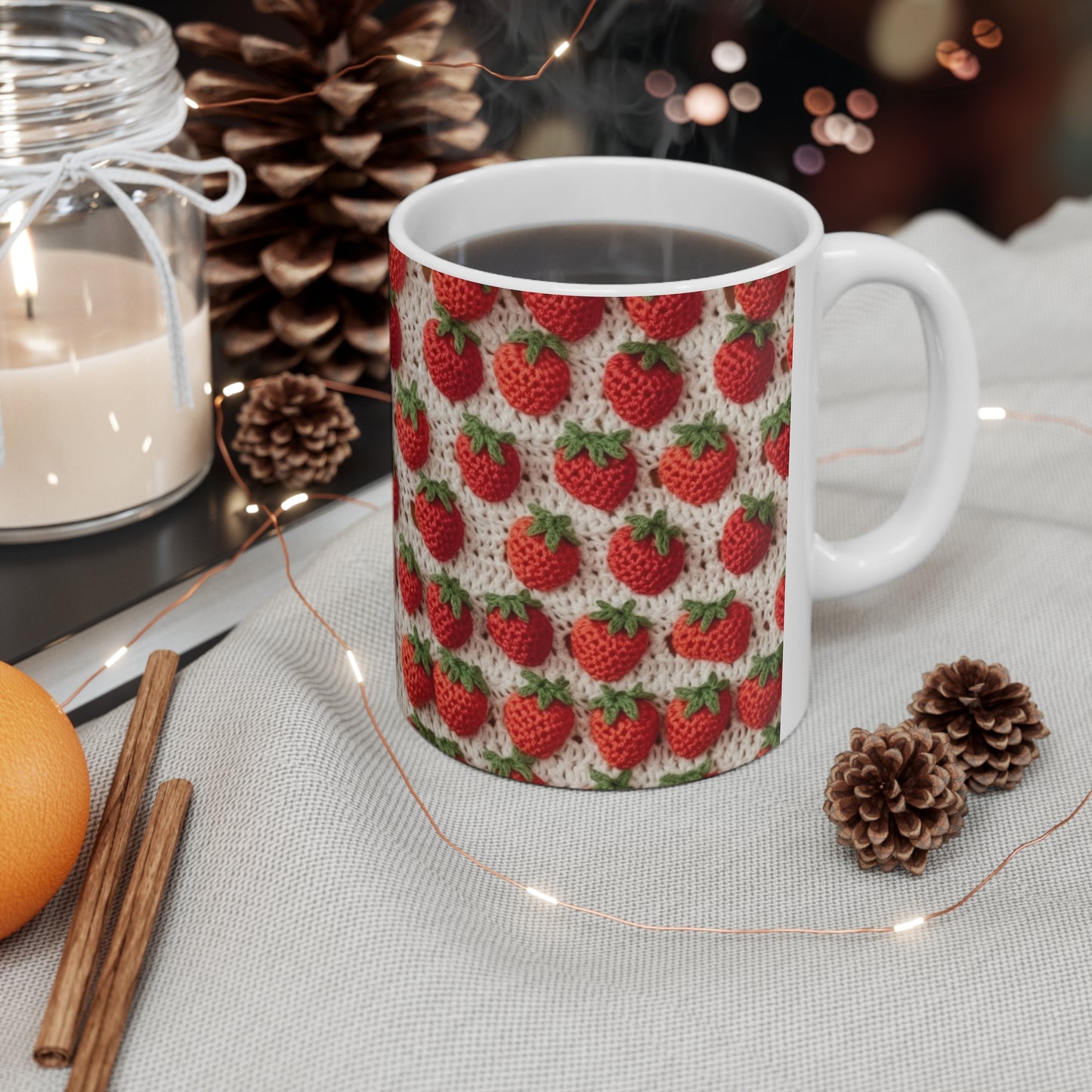 Strawberry Traditional Japanese, Crochet Craft, Fruit Design, Red Berry Pattern - Ceramic Mug 11oz