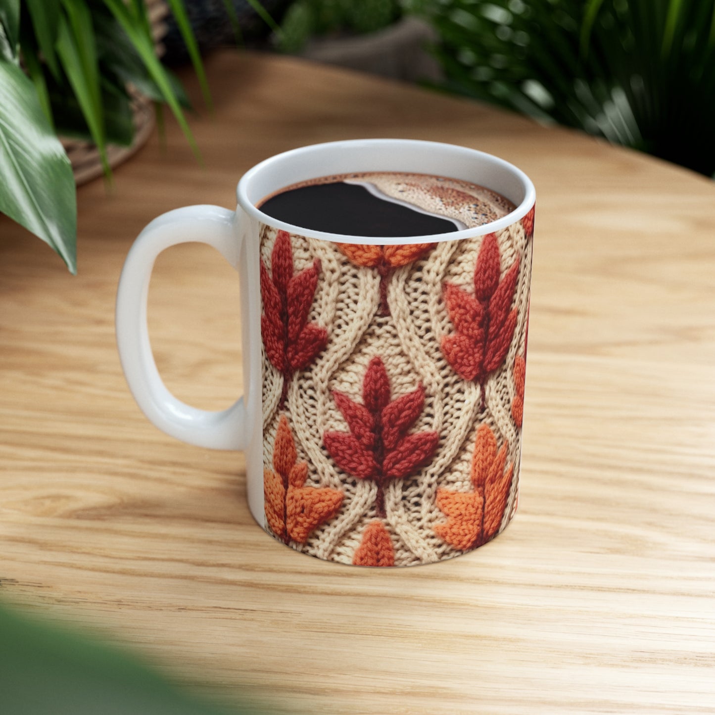 Crochet Fall Leaves: Harvest Rustic Design - Golden Browns -Woodland Maple Magic - Ceramic Mug 11oz