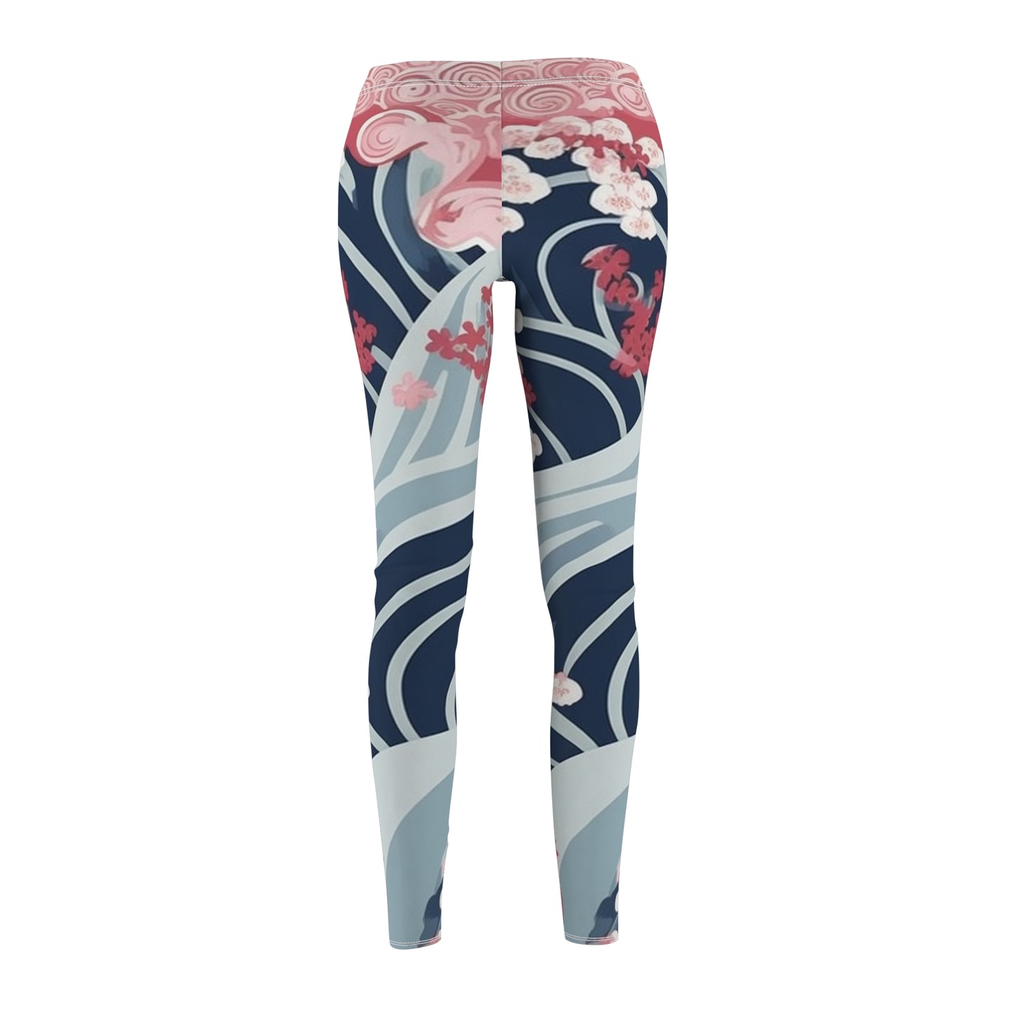 Leggings casuales de corte y costura con patrón de flores de cerezo y ondas minimalistas japonesas para mujer (AOP) 