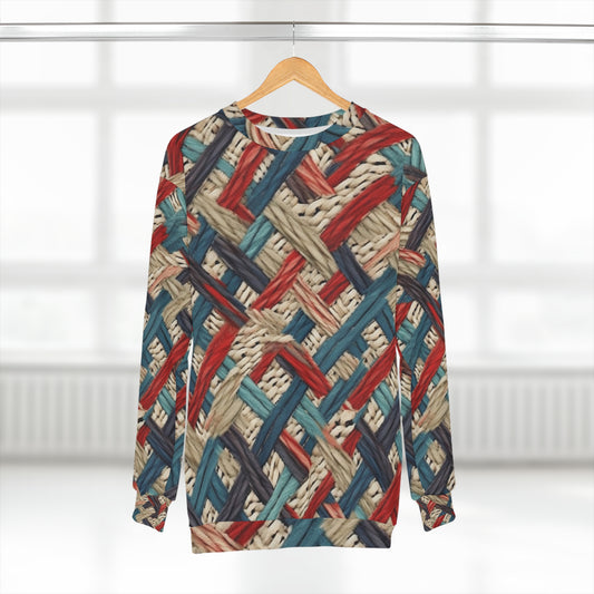 Colorful Yarn Knot: Denim-Inspired Fabric in Red, White, Light Blue - Unisex Sweatshirt (AOP)