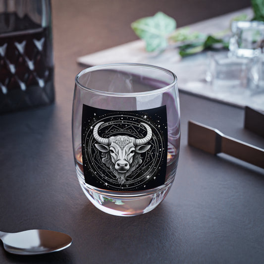 Taurus Zodiac - Whiskey Glass - Restaurant-Grade Clear Glass - Unique Black & White Design