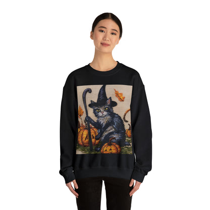 Halloween Cat Magic: Embroidered Style Feline with Pumpkins & Witch Hat - Unisex Heavy Blend™ Crewneck Sweatshirt