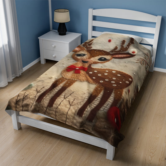 Winter Deer - Style Embroidered Christmas Reindeer, Festive Felt Artwork, Holiday Decor - Velveteen Plush Blanket