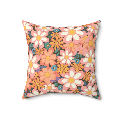 Groovy 1960s 1970s Pink & Orange Daisy Mod Floral - Spun Polyester Square Pillow