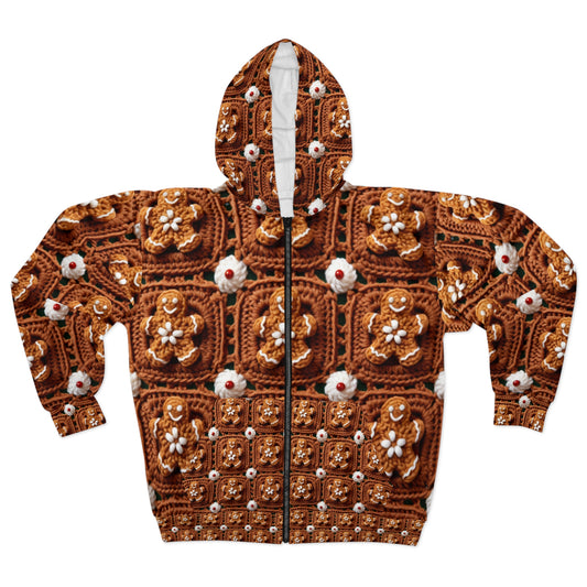 Gingerbread Man Crochet, Classic Christmas Cookie Design, Festive Yuletide Craft. Holiday Decor - Unisex Zip Hoodie (AOP)