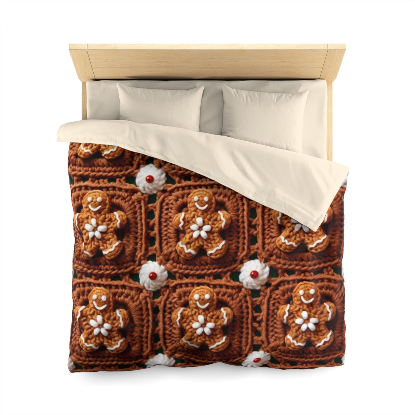 Gingerbread Man Crochet, Classic Christmas Cookie Design, Festive Yuletide Craft. Holiday Decor - Microfiber Duvet Cover