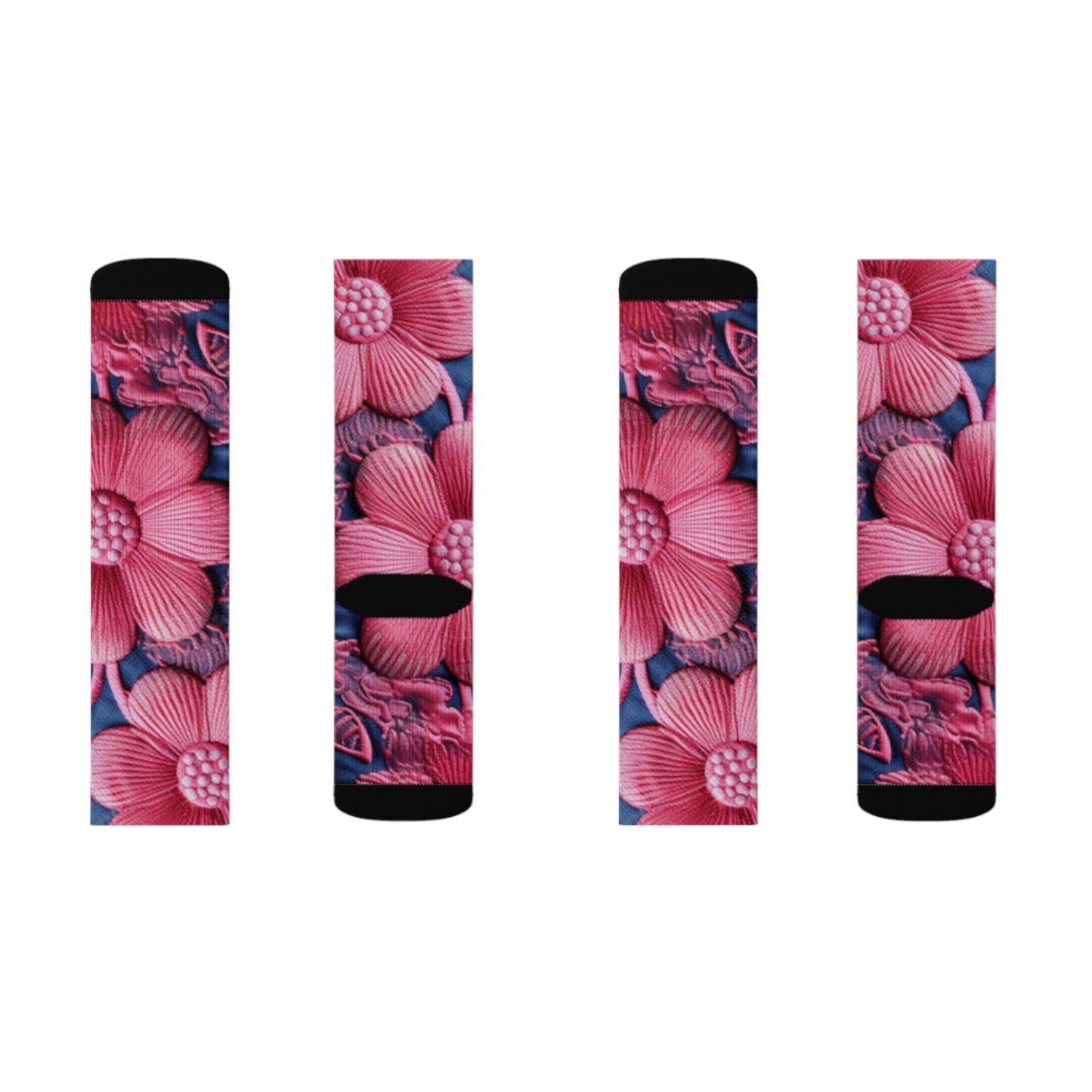 Denim Blue Doll Pink Floral Embroidery Style Fabric Flowers - Sublimation Socks