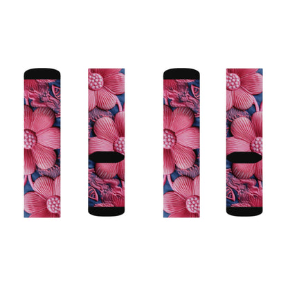 Denim Blue Doll Pink Floral Embroidery Style Fabric Flowers - Sublimation Socks