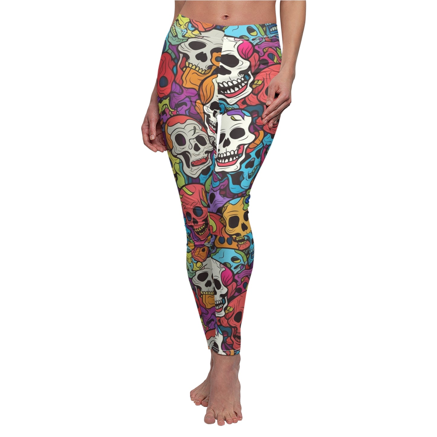 Psychedelic Rainbow Skull Head Pattern, Vibrant Colors - Women's Cut & Sew Casual Leggings (AOP)